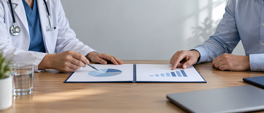 Doctor reviews medical records with a patient during a consultation, discussing healthcare information and treatment planning while using clinical documents to support personalized care decisions