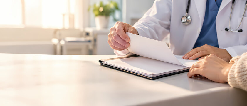 Doctor takes notes on a clipboard during a medical consultation with a patient, reviewing healthcare information while discussing clinical records, treatment planning and personalized care options