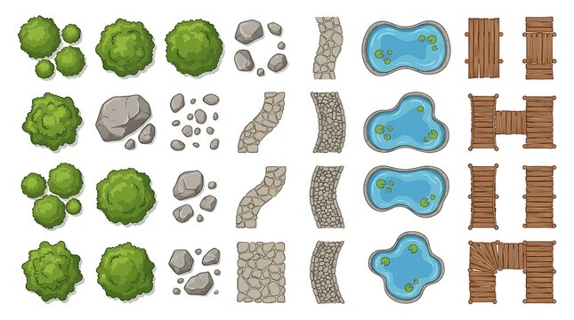 Top down garden landscape elements with trees rocks and water ponds