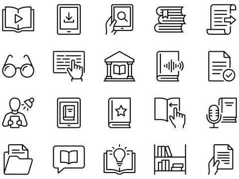 Education and digital library learning line icons set featuring reading study resources documents multimedia and research tools.