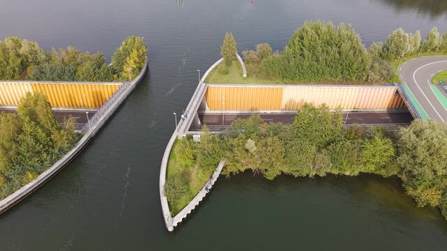 Aerial view of Aquaduct Veluwemeer, a unique water bridge where the road passes under the lake, in Harderwijk, Gelderland, Netherlands
