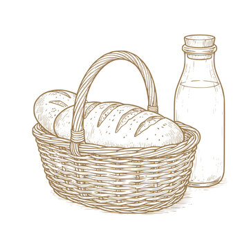 Wicker basket made of vines filled with rustic bread rolls and glass bottle of milk. Vector illustration. For bakeries, menus, organic food packaging, culinary posters, and traditional bread design