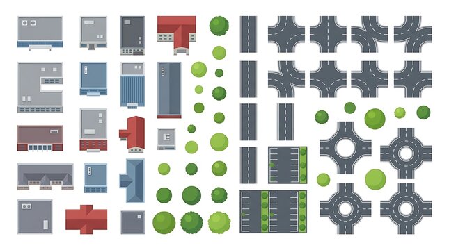 Top view city road map tiles with buildings and trees vector set