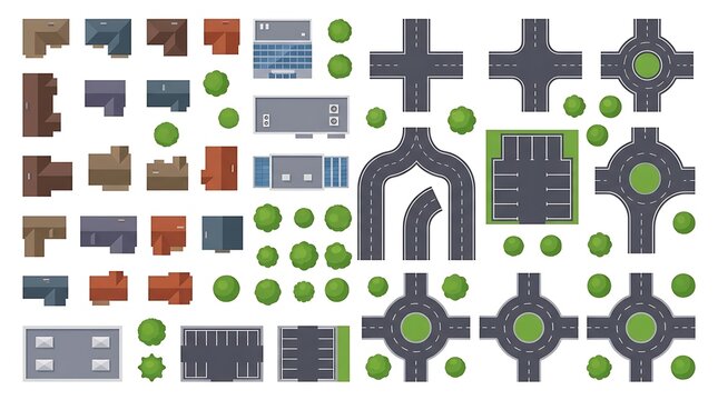Top view city road map tiles with buildings and trees set