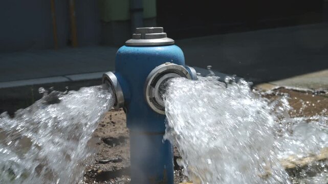 Action shot of clean water gushing and spraying intensely from a bright blue outdoor utility hydrant in the summer. 4K slow motion 120 fps,