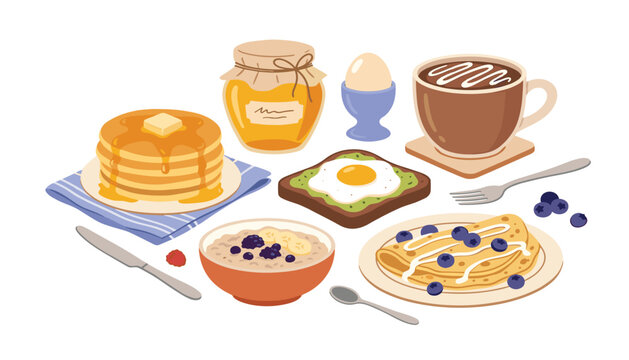 Delicious breakfast food vector illustration collection with pancakes syrup coffee honey oatmeal porridge avocado toast and crepes