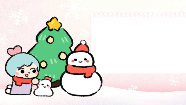 Cute winter girl building snowman background presentation with Christmas tree and notepad frame
