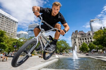 Obraz premium Cyclist performs an impressive stunt in urban park during bright sunny day