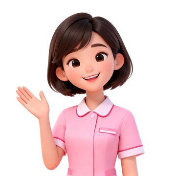 [Transparent Background PNG]Friendly 3D Cartoon Nurse Greeting on White Background