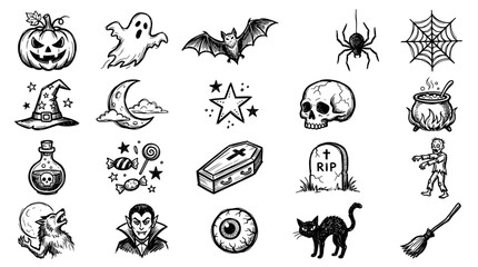 Obraz premium Halloween doodle sketch icon big set 20 elements pumpkin ghost bat spider witch skull hand drawn vector