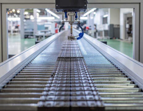 precision industrial robotic arm positioned over a roller conveyor belt system during automated production and assembly in a modern smart manufacturing plant