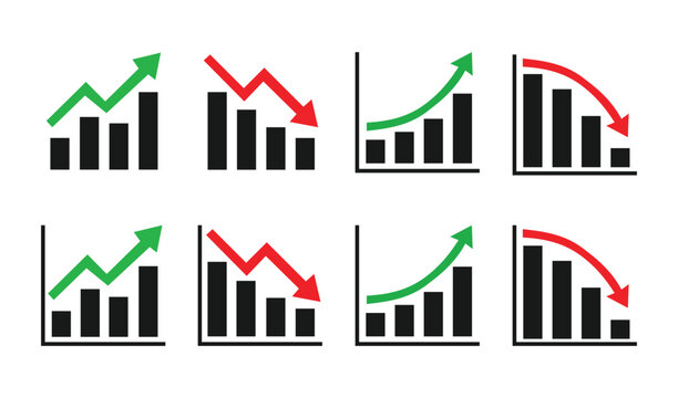 Set of business bar charts with rising and falling trend lines, vector icons for financial analysis and growth reports vector