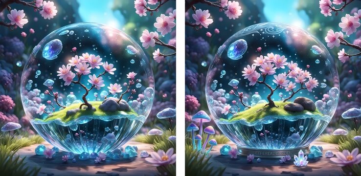 What is the difference magical fantasy floral flowers bonsai  5 parts different illustration alteration dissimilar disparity discrepancy divergence distinctness variation, not the same,