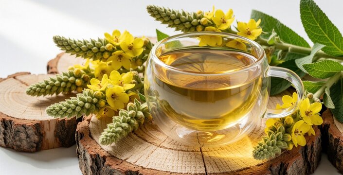 Glass cup filled with warm mullein herbal tea sits on rustic wooden logs. Fresh yellow Verbascum thapsus flowers, green leaves surround tea mug. Healthy organic infusion provides natural wellness,