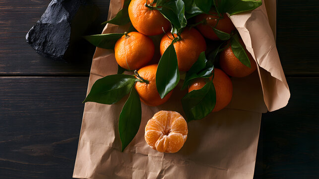 Top down view of fresh Jeju mandarins in kraft paper bag on wooden background with edge to edge sharp focus
