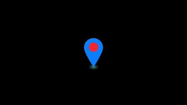 Animated location pin icon loop with single glowing blue and red map marker on black background in 4K resolution.