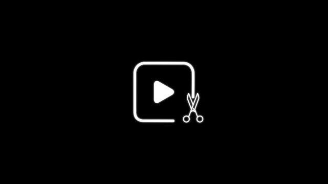 Animated white minimalist video cutter trimmer icon loop with play button and scissors concept on black background in 4K resolution.