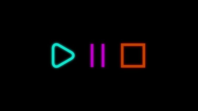  multicolor media player control icons loop with cyan play purple pause and orange stop buttons on black background in 4K resolution.