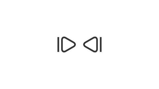 Animated black minimalist media player control icons loop with next and previous buttons on white background in 4K resolution. 