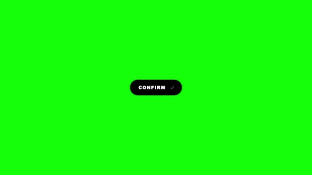 Animated confirm button loop with dynamic word scale animation and pulsating check mark icon on green screen chroma key background in 4K resolution.