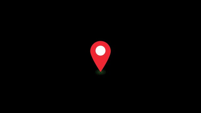 Animated location pin icon loop with glowing red map marker and positioning signal concept on black background in 4K resolution.