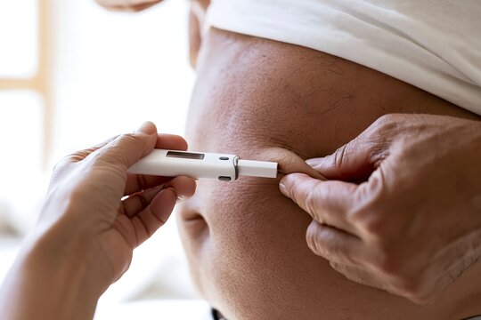 Healthcare professional administers an injection into a patient's abdomen, diabetes treatment concept for injectable medication, patient care and chronic disease management