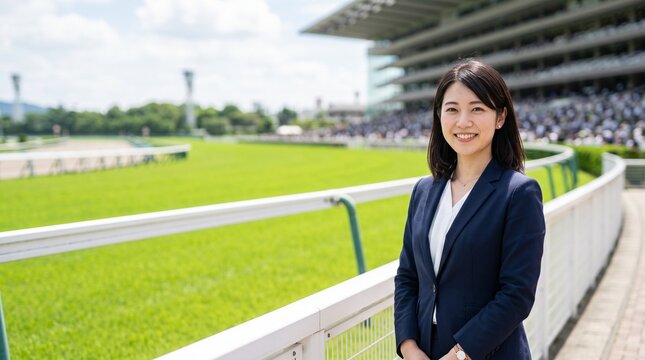 緑豊かな競馬場のターフを背景に穏やかな笑顔を見せる、知的で爽やかな20代日本人社員のプロフィールポートレート