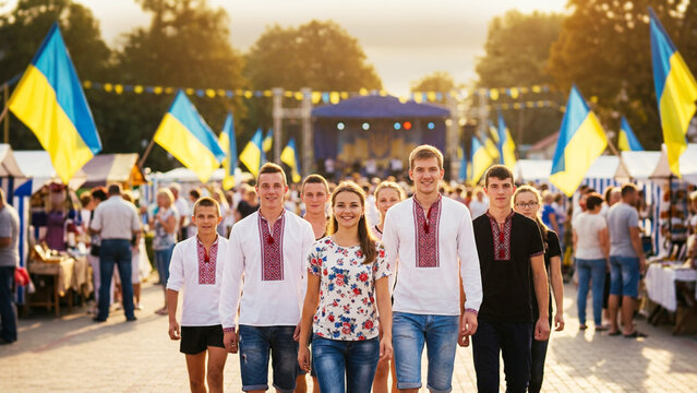 Group of proud young people in traditional Ukrainian embroidered shirts celebrating outdoors