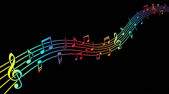 Colorful musical notes and clef on staff, flowing in a vibrant rainbow gradient
