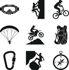 Obraz premium Set of adventure sport icons, black silhouette style motocross goggles, rock climber, BMX rider, paraglider, dirt bike jump, backpack, carabiner, mountain climber, and compass element for extreme