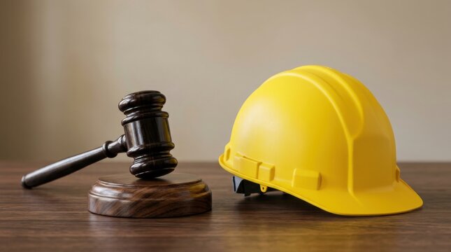 Construction gavel and yellow hard hat on wooden table representing legal safety and building regulations