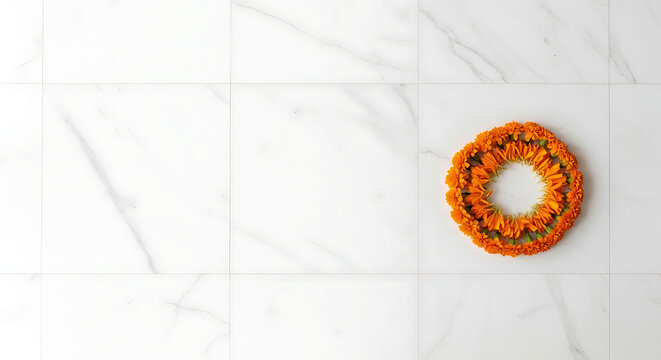 Marigold flower garland on white marble floor