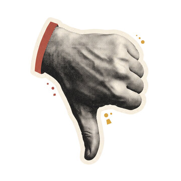 Hand drawn style retro halftone thumbs down collage cutout isolated on transparent background for critique and web interface