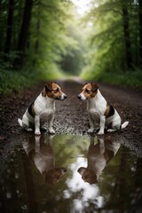 Obraz premium Two Jack Russell Terrier dogs sit on wet dirt path in green forest. Small pets look at near water puddle. Clear reflection of dogs on ground surface. Cute canine companions enjoy peaceful walk in