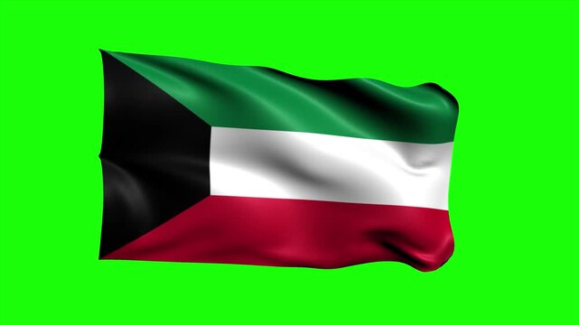 Looping Realistic Kuwait Flag Waving on Green Screen Background, 3D Animation
