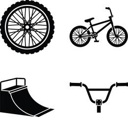 Obraz premium Set of four black silhouette icons for BMX sports, a bicycle wheel, a complete BMX bike, a half-pipe ramp, and handlebars, on a white background, flat design style