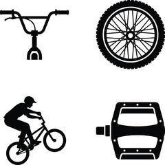 Obraz premium Set of four black silhouette icons representing BMX bicycle parts and action, including handlebars, wheel, rider performing a trick, and pedal, on a white background
