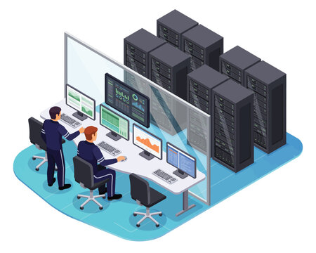 People working in a server room data center isolated on white background, Vector, illustration