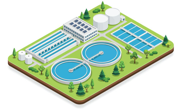 Isometric water treatment plant icon with basins isolated on white background, Vector, illustration
