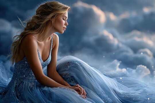 Elegant young woman in a flowing blue gown sitting among clouds at sunset