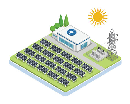 Isometric solar power plant with panels and sun icon isolated on white background, Vector, illustration