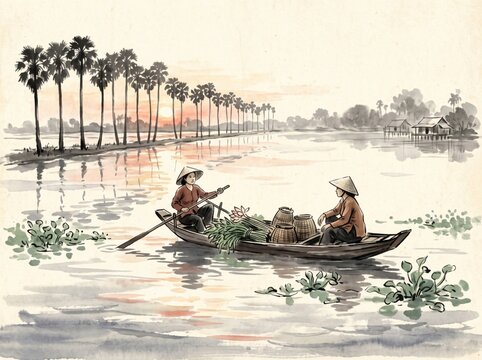Two Vietnamese Villagers Returning Home by Wooden Sampan Across Flooded Rice Fields at Sunset, Carrying Baskets, Surrounded by Sugar Palms - xieyi sumi-e ink wash landscape painting