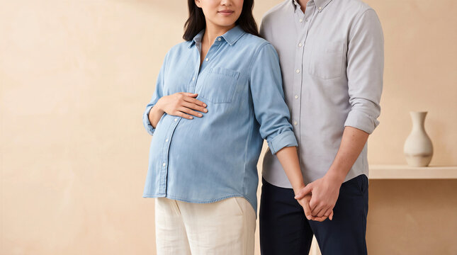 Pregnant woman touching belly while holding husband hand in modern cozy home interior