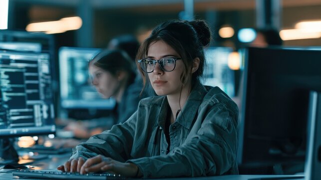 Focused Coder at Work: A young woman with glasses and her hair tied up works intensely on a computer in a modern office setting. She is surrounded by multiple screens displaying lines of code.