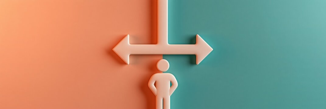 Human figure standing below split arrows representing choices, decision making and personal direction