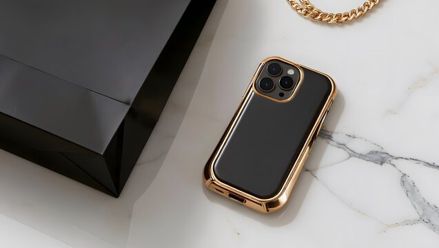 Black phone on a marble surface next to a black shopping bag and a golden chain