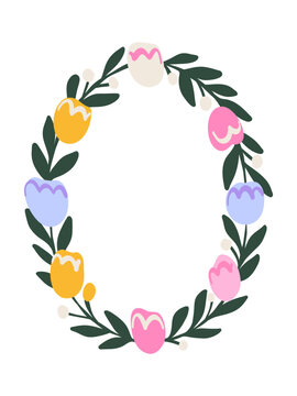 Oval floral frame wreath with colorful tulips and green leaves isolated on white background.