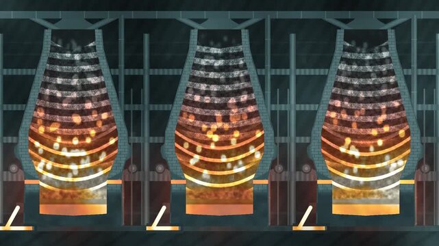 Blast furnace cutaway with descending ore and coke burden, rising hot gas countercurrent, glowing cohesive zone, seamless loop in rich slag tones