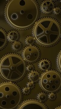 Interlocking Metal Gears Rotating Clockwork Mechanism Background Seamless Loop in soft gold tones vertical 9:16
