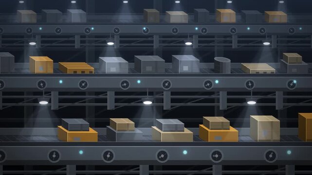 Factory Conveyor Belt Moving Cardboard Boxes On Industrial Production Line Seamless Loop in calm gray tones